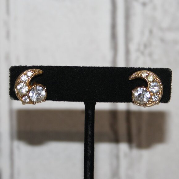 Beautiful vintage gold and rhinestone Moon screw-on earrings 5/8" - Picture 1 of 5
